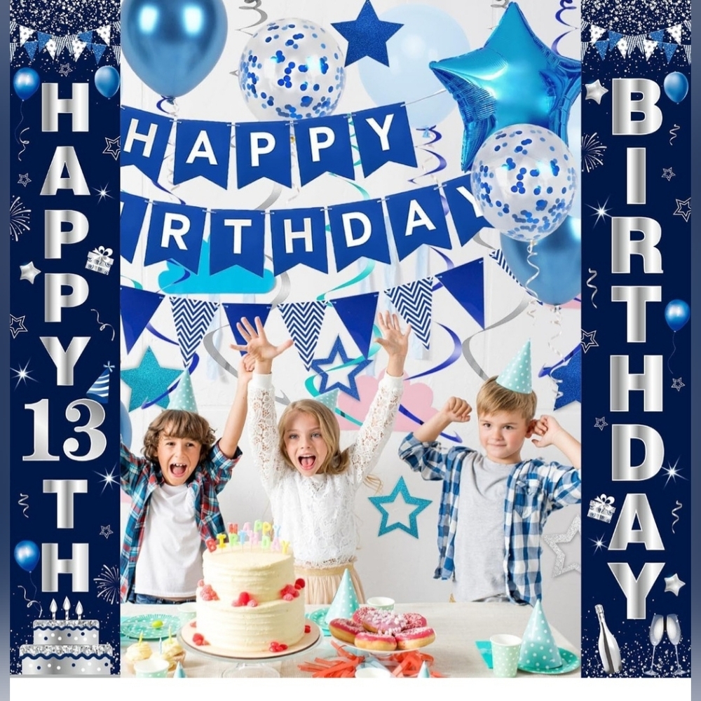 Blue Birthday Party Banner 13th Birthday Door Banner Decorations for Boys Blue